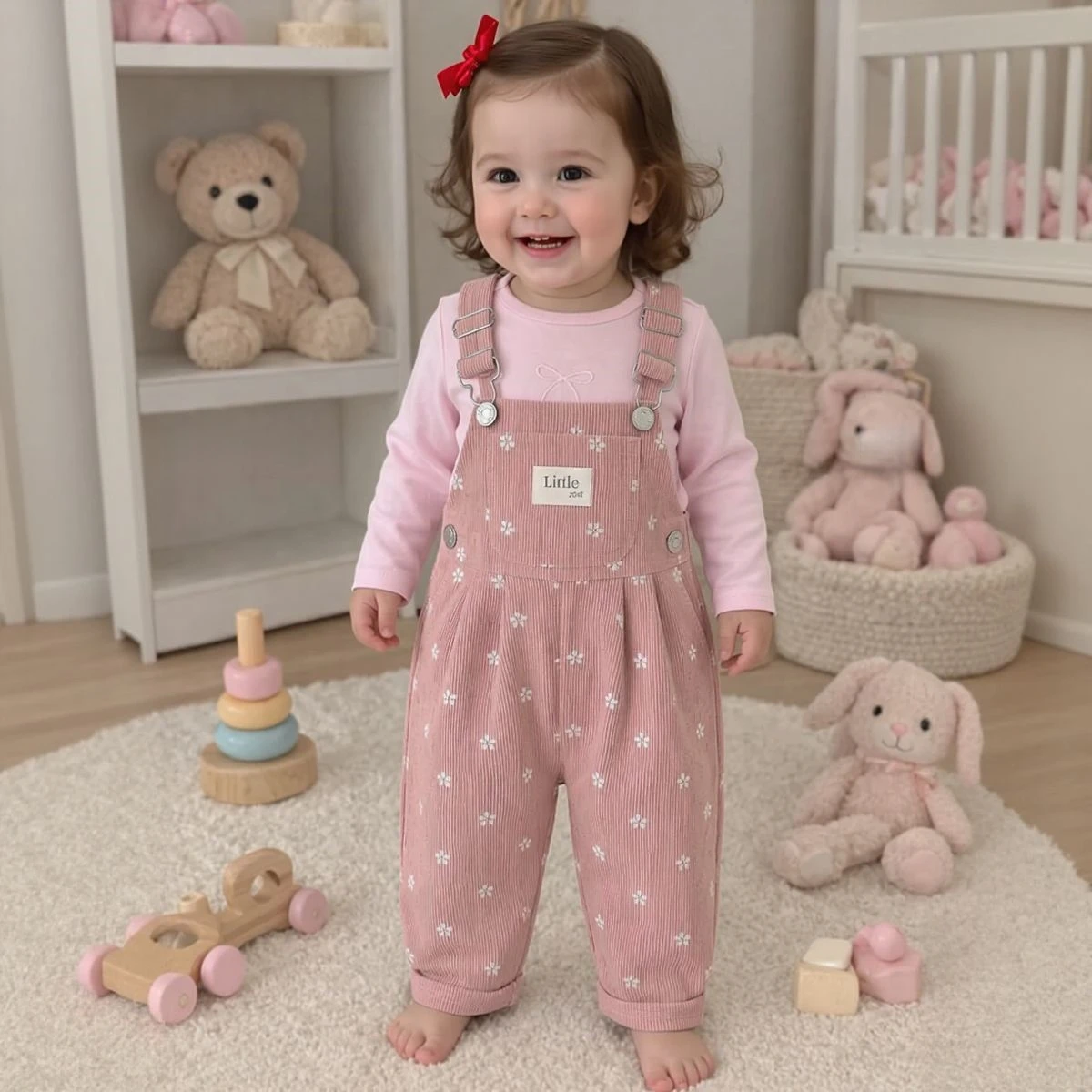 Frühling/Herbst Baby Ins Vintage Cord-Latzhose mit Blumenmuster, weiche, hautfreundliche Cargo-Hose mit aufrollbaren Bündchen für Babymädchen – Detail 6