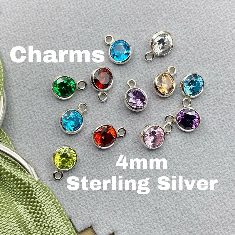 Birthstone Bezel Drop Charm 925 Sterling Silver Charm 3/4/6MM 3A CZ Charm For Necklace Earring DIY Jewelry Findings Accessories