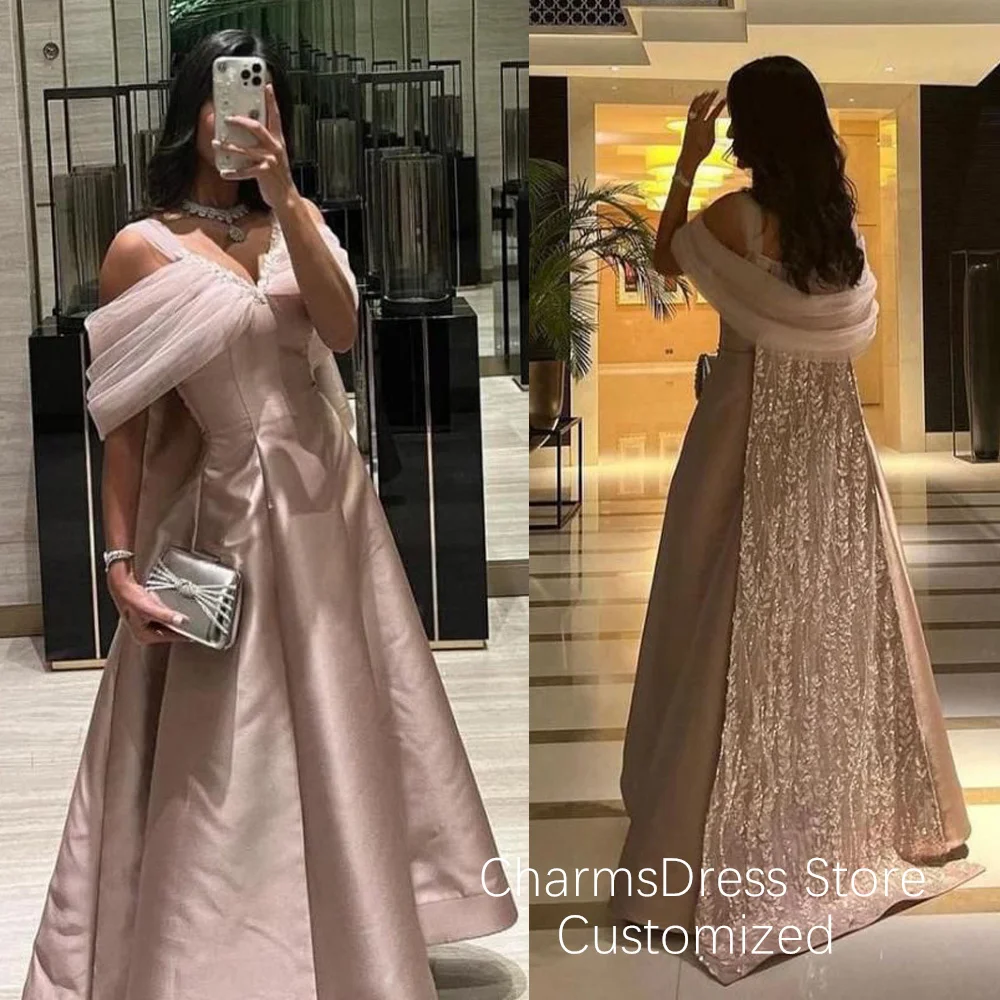 Woman Prom Dress Customized Halter Off The Shoulder with Glitter Lace Cape Saud Arabian Evening Gown Formal Occasion Dresses