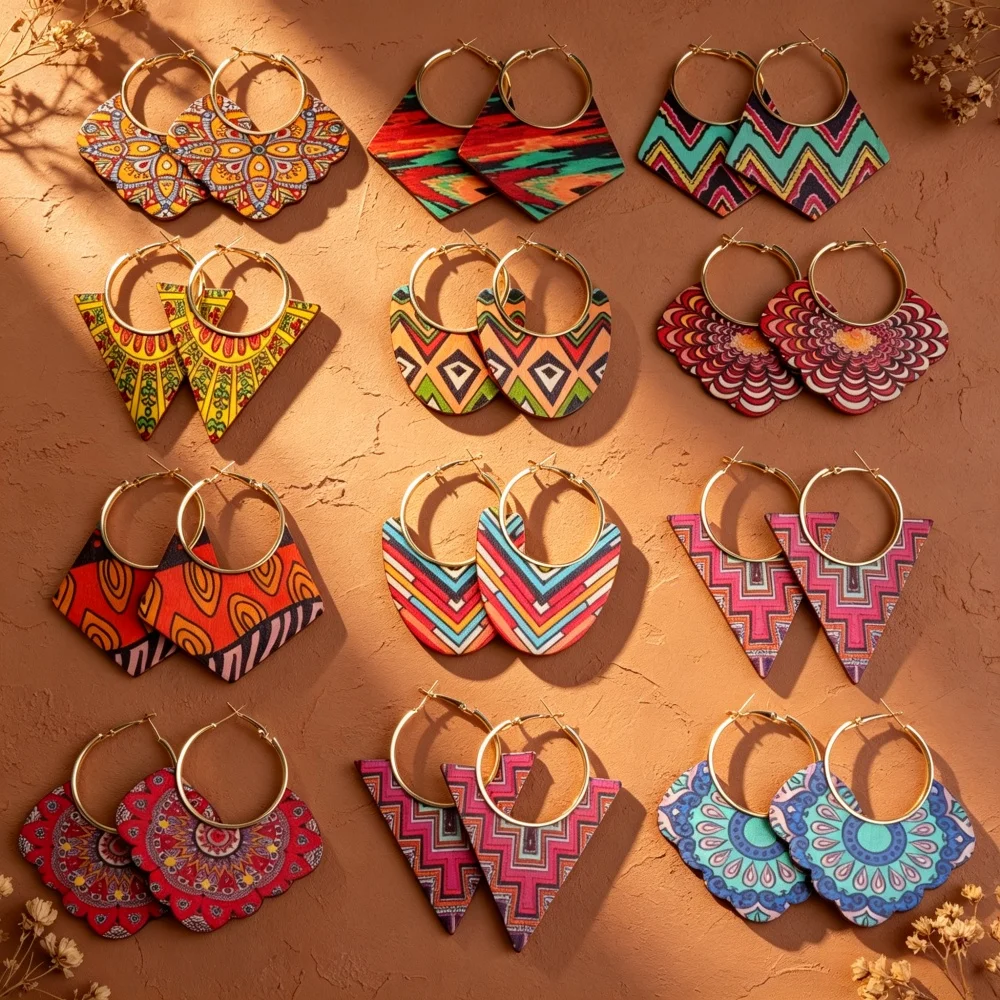 12/15/18Pairs Bohemian Vintage Wooden Hoop Dangle Earrings For Women Colorful Geometric Floral Printed Mix Jewelry Holiday Gifts
