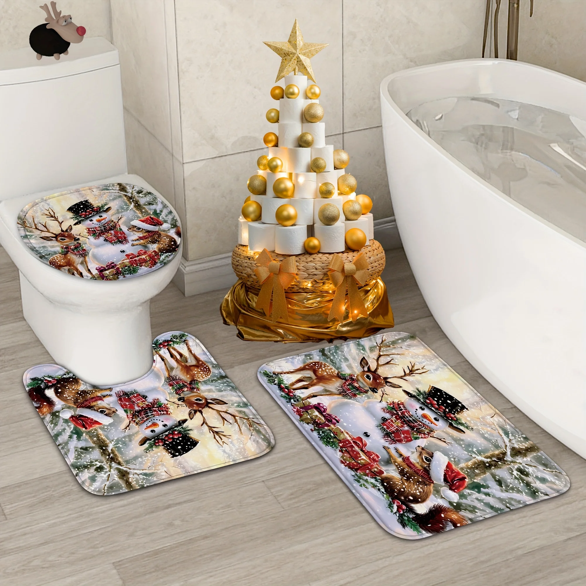 4PCS Christmas Winter Shower Set,Snowman Reindeer Squirrel White Brown Print,12 Hooks, Non-Slip Mat, U-Seat Cover, Holiday Decor