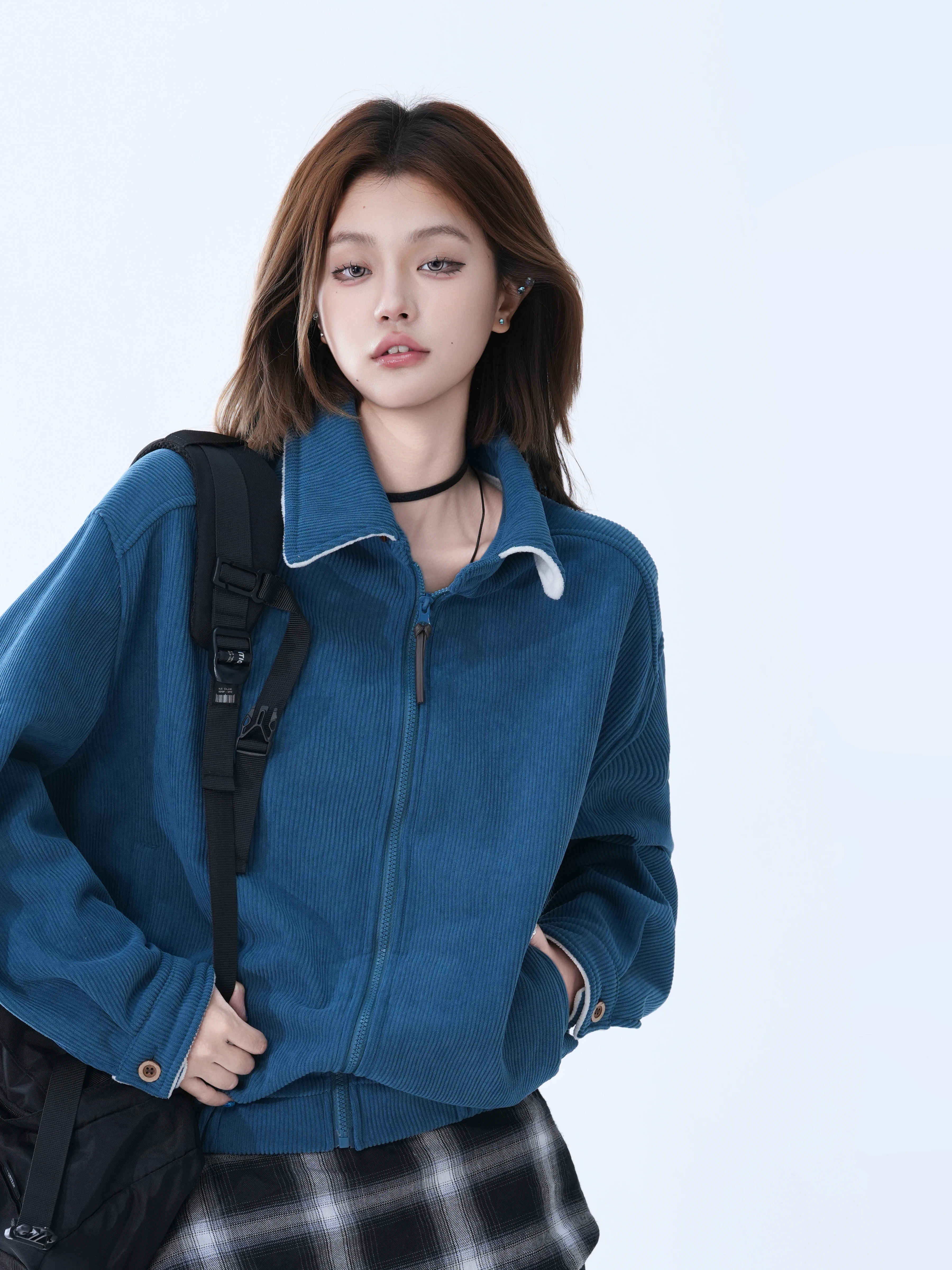 Retro American Corduroy Harrington Jacket Women Loose Couple Barn Style Top Warm Long Sleeve Zipper Closure  Color