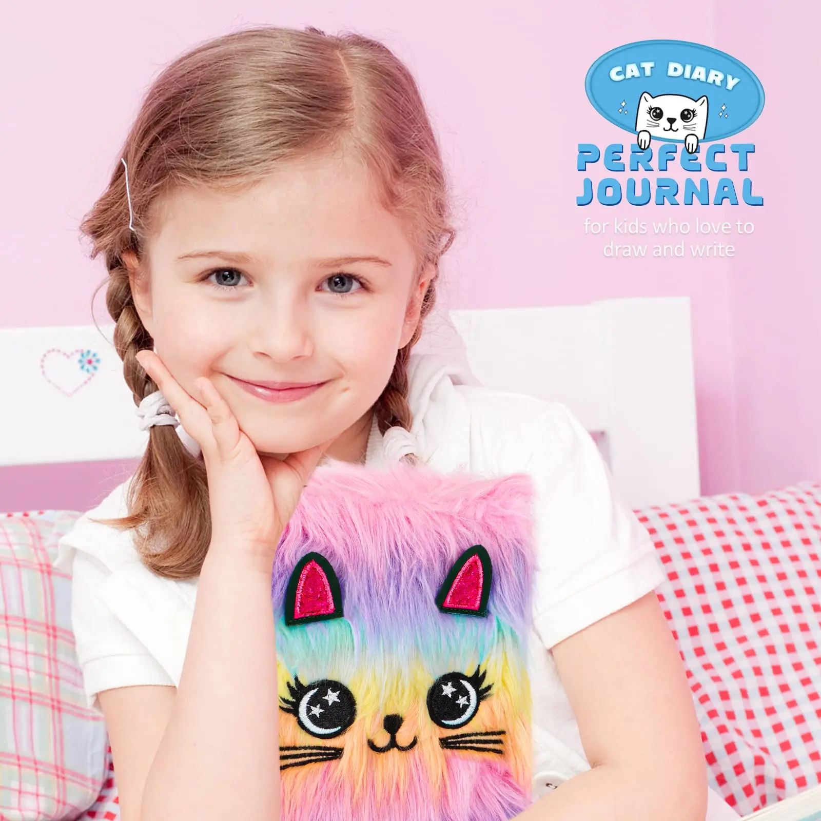 Cat Diary with Lock for Girl's Gift, Tie-Dye Fuzzy Secret Journal for Kids with 160 Pages, Plush Notebook for Writing & Drawing
