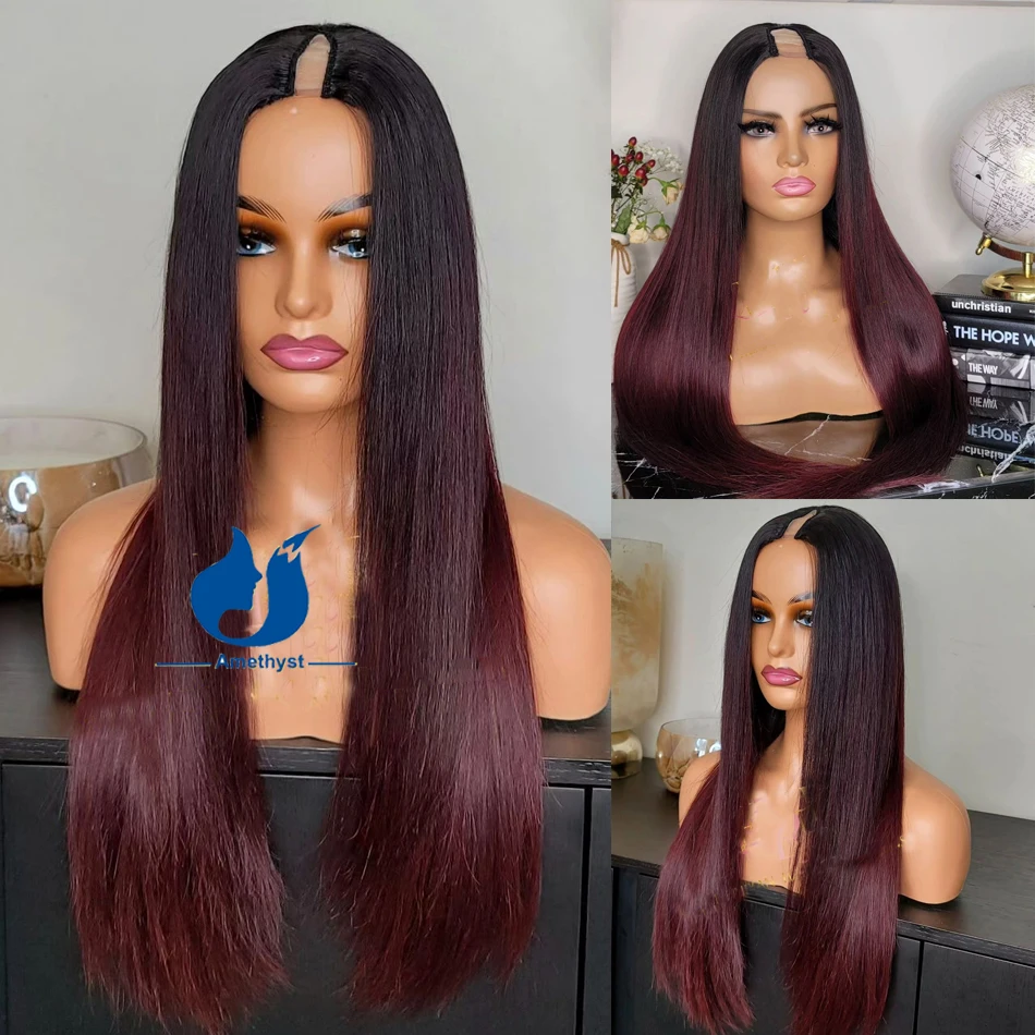 

Amethyst Ombre Straight 99J Red 1x4 V Part Wig 100% Human Hair 1X4U Part Wig Burgundy U Shaped Full Machine Made Wig Three Tones