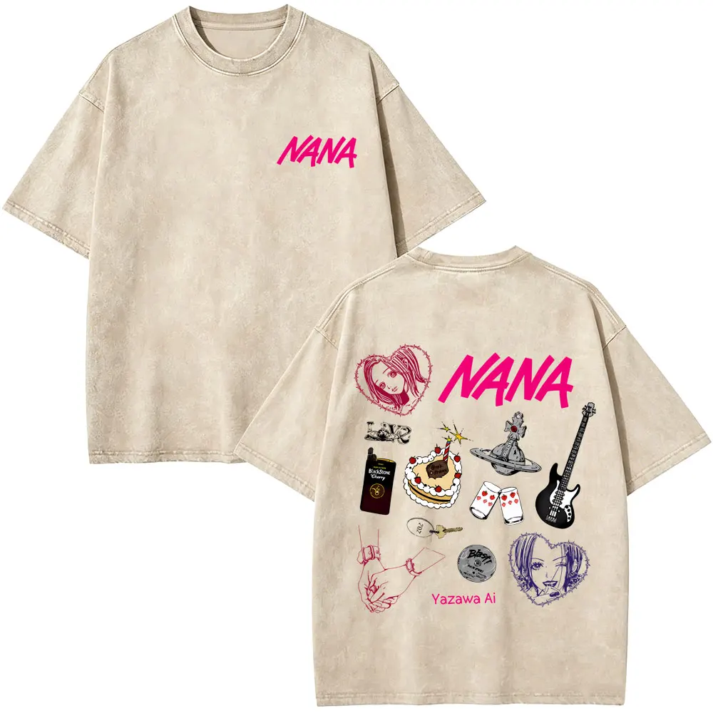 Washed Vintage Anime Black Stones Nana T-shirt Men's Women Clothing Manga Y2k Gothic Rock T-shirts Unisex 90s Oversized T Shirts view 6