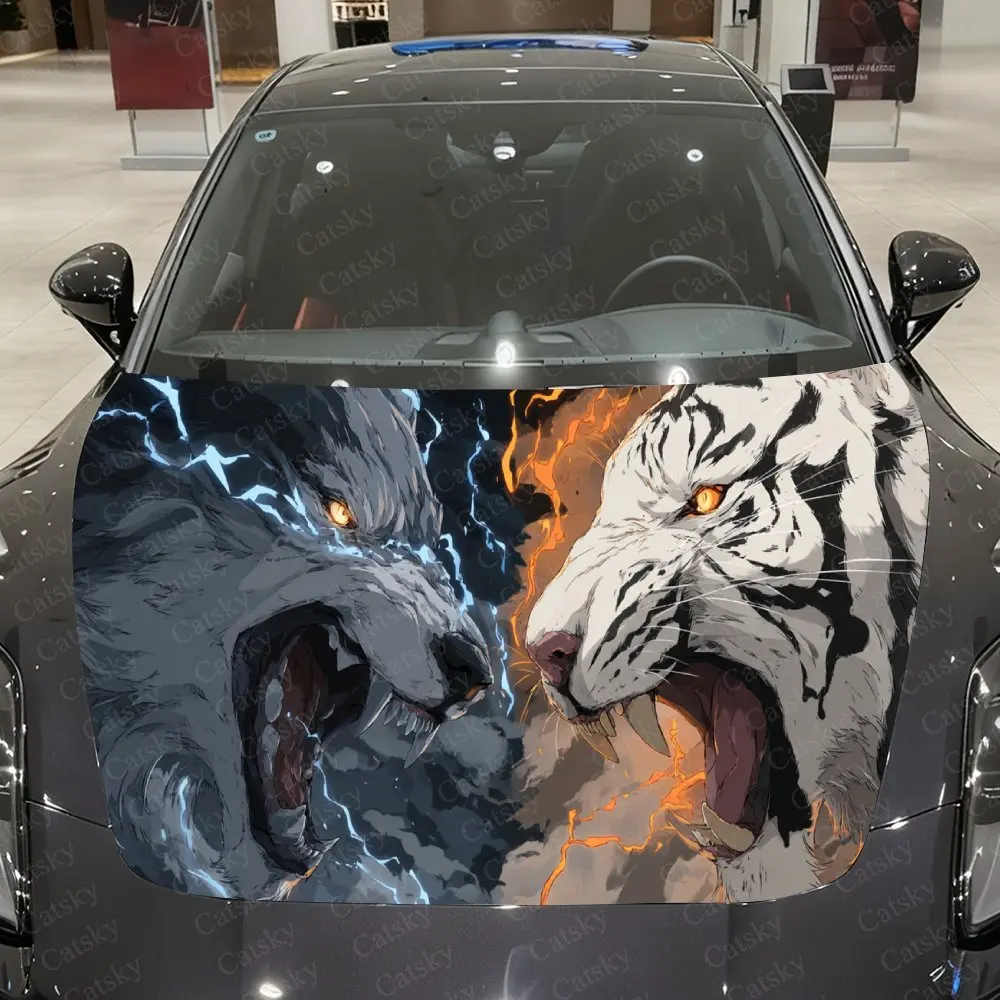 Vivid Lightning Wolf Tiger Car Cover Decal, Auto Hood Sticker, Waterproof and Self-adhesive Auto Vinyl Wraps, Cool Car Exterior