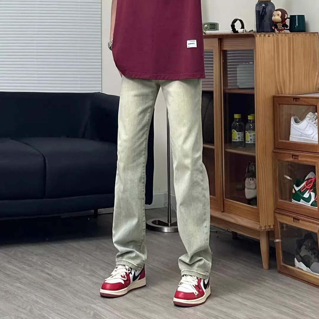 

Модные повседневные мужские джинсы прямого кроя свободного покроя, цвет «американский грязь», весна-осень, хлопок, стрейч-деним, средняя посадка, застежка-молния