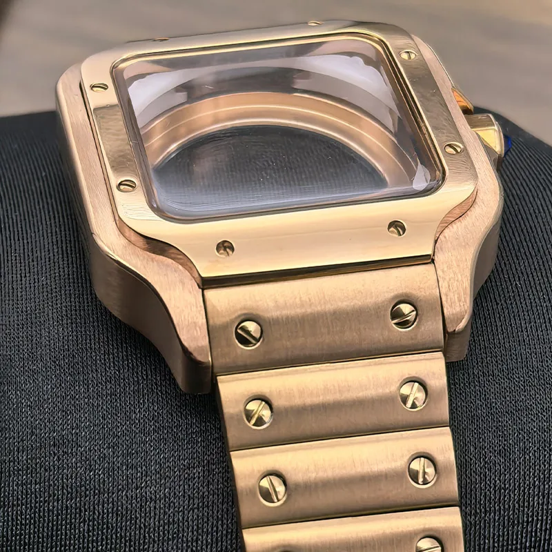 Rose Gold NH35 Case 38MM Square Santos Watch Case Fits NH35 NH36 4R 7S26 Movement Modification Transparent Back NH35 Men Watch