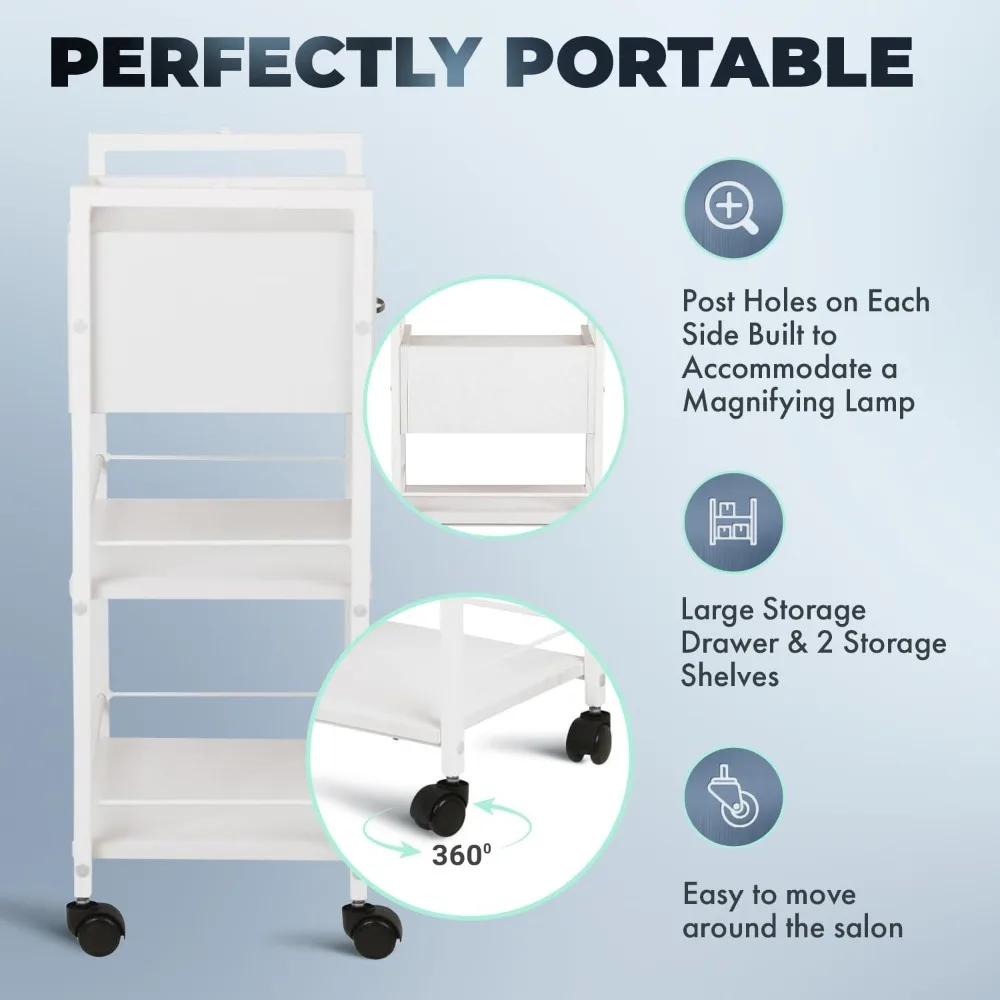 Salonwagen, 3-stufiger rollender Mehrzweckwagen für Spas, Kosmetikerinnen und Salons, Organizer aus weißem Holz mit Schublade