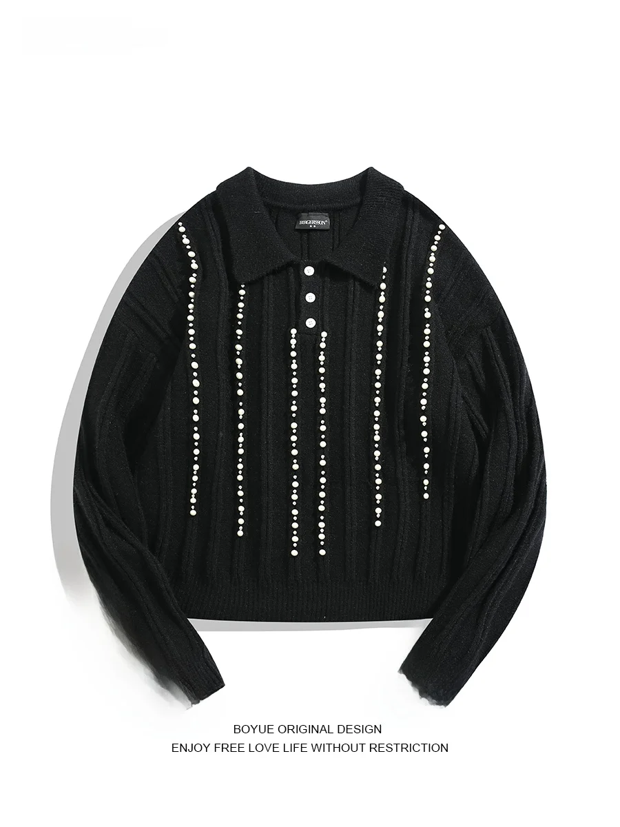 

Boyue Faionable Pearl Decorated Knitted irt ort Striped Texture Slim Fit Luxury Sweater for Men And Women