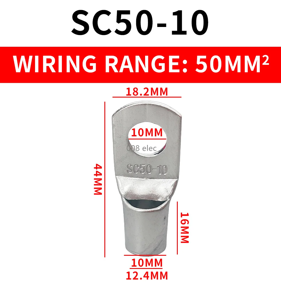 5PCS 20PCS SC50-10 Tinned Copper Lug Terminals Compression Connector Type 50mm 1/0 AWG M10 Stud