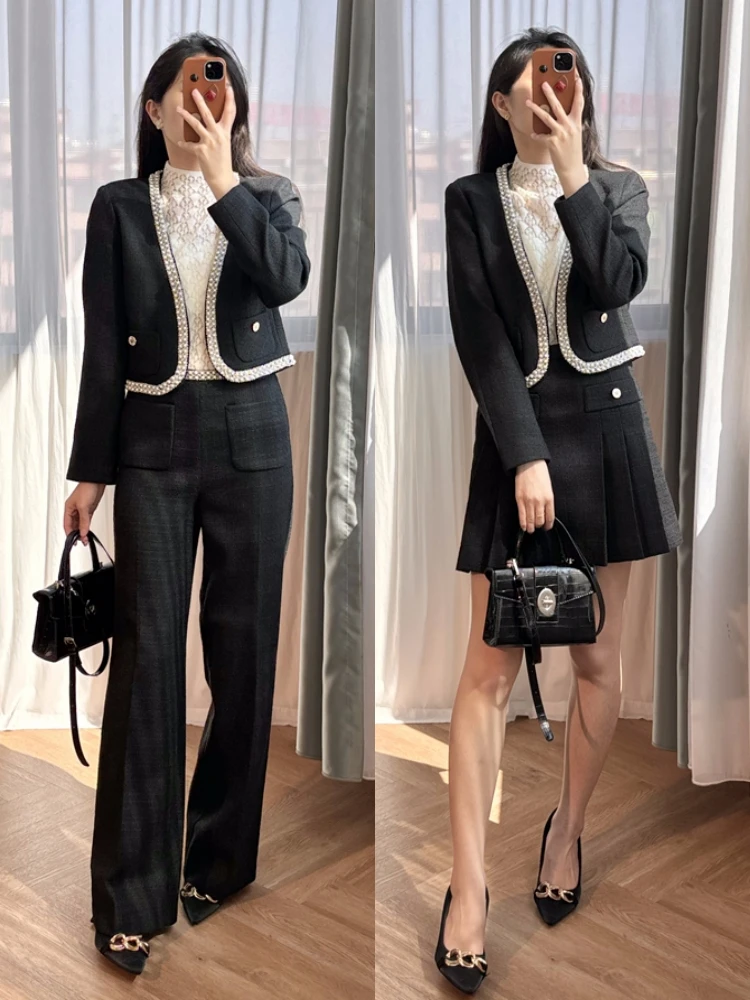 2 Piece Sets Womens Outfits 2025 Luxury White Pearl Black Set with Trimmed V-neck Short Jacket+pleated Skirt+straight Leg Pants