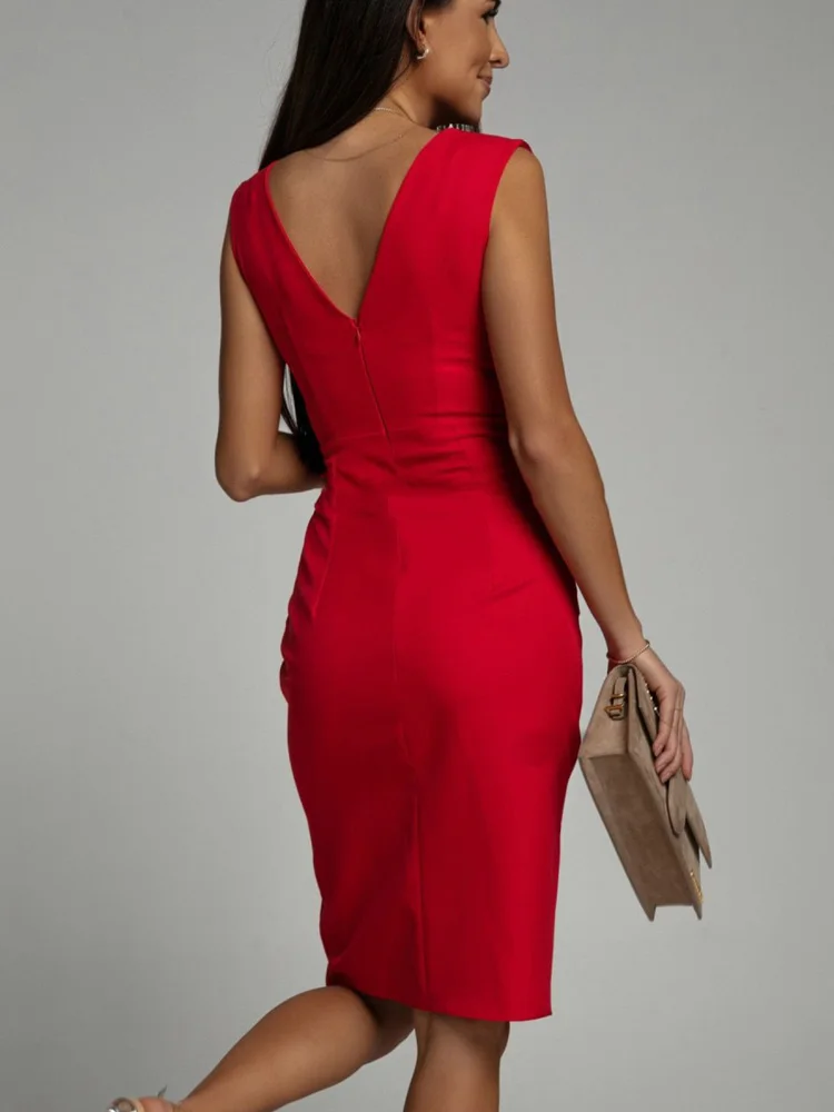 موضة جديدة الخامس الرقبة عارية الذراعين مثير فساتين الحفلات المسائية أنيقة بلا أكمام سبليت طول الركبة فستان الصيف عالية الخصر فستان رداء #2