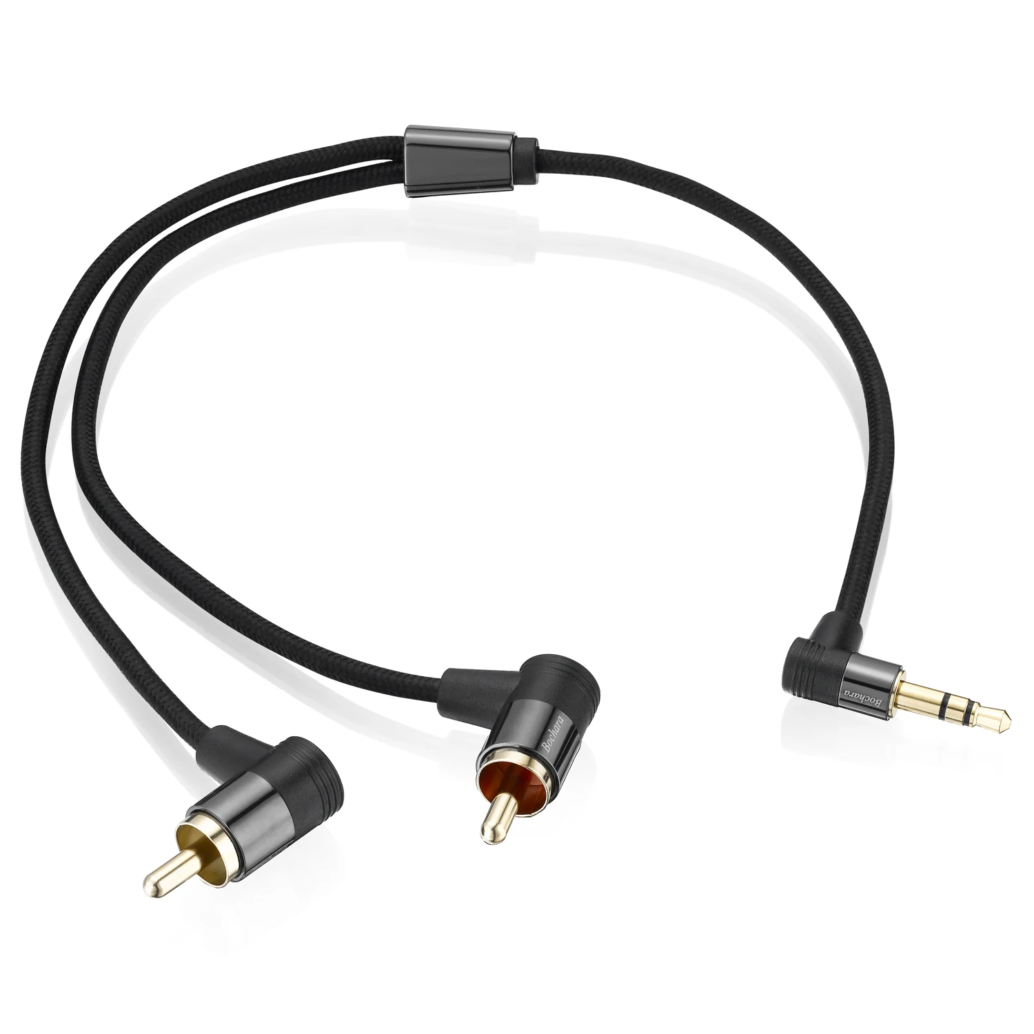 Bochara 30cm Braided 90degree 3.5mm jack TRS to 2RCA OFC Audio Cable Gold Plated For Speakers Amplifier Mixer