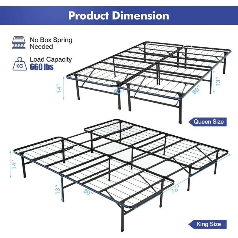 Folding Frame,/King Size Portle Bed Base Kids, Teens & Adults,-Assembly, No Box Spring Needed