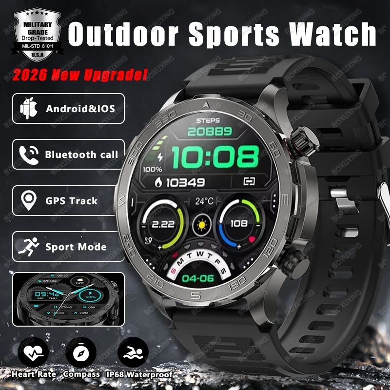 

Новые военные смарт-часы 2026 года с AMOLED-экраном 1,53 дюйма, измерением пульса, компасом, GPS, спортивные, водонепроницаемые IP68, с Bluetooth-вызовами