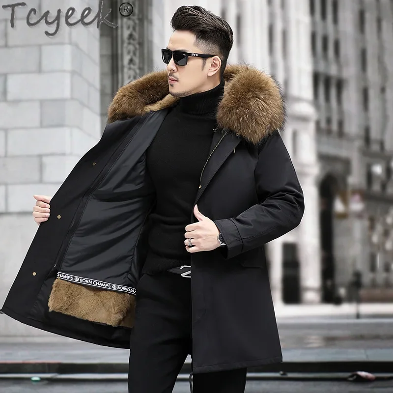 Tcyeek Warm Raccoon Dog Fur Collar Winter Jacket Men Fashion Rex Rabbit Fur Liner Detachable Parka Hooded Fur Coats Korean