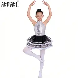 Kids Girls Ballet Latin Dance Leotard Costume Jazz Ballroom Stage Club Dance Sparkling Sequin Ballet Tutu Mesh Dance Dress