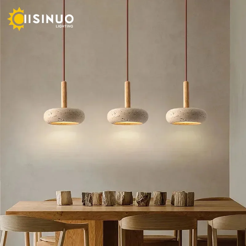 Wabi Sabi Yellow Travertine Stone Pendant Lights Hanging Bedside Small Droplight Round Wood Decora Lighting for Corridor Bedroom