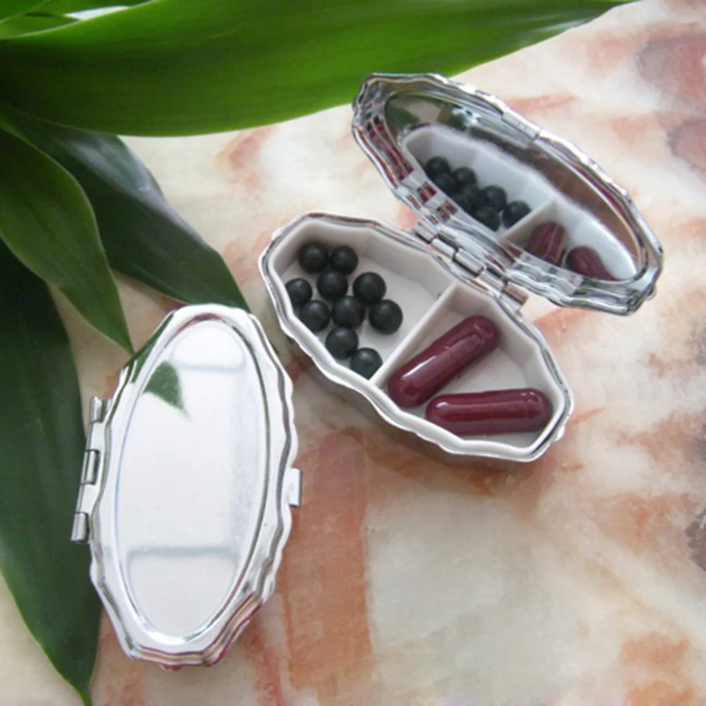 علبة حبوب منع الحمل معدنية مستديرة من الحديد المقاوم للصدأ مكونة من حجرتين لتنظيم حاوية الأدوية فيتامين للسفر في الهواء الطلق #5