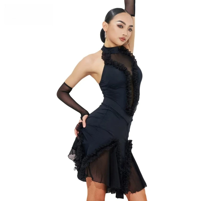 

UK Latin Dancewear Women Sheer Mesh Panels 2-Piece Set, Halter Backless Latin Practice Outfit with Cross-Tie Design Ballroom