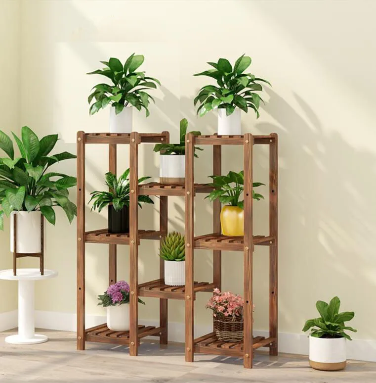 

Carbonized Wood Plant Stand 8 Pots Display Shelf Flower Rack for Living Room New