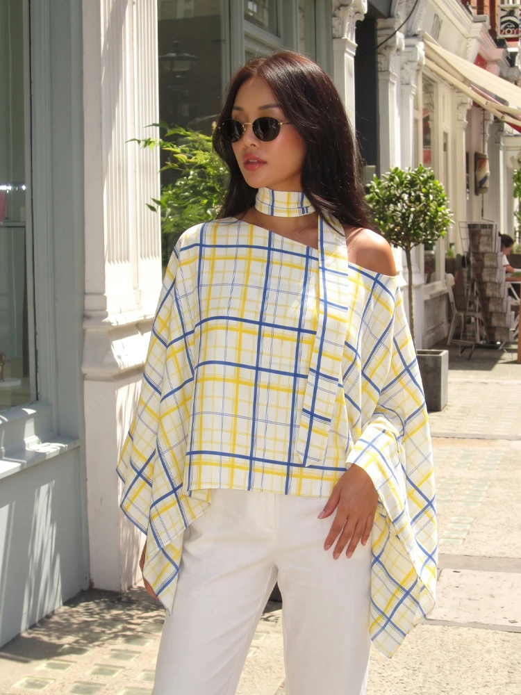 HH Women Elegant Bat Sleeve Plaid Blouse Trendy Off Shoulder Scarf Collar Loose Translucent Top 2026 Summer Casual Vacation Wear