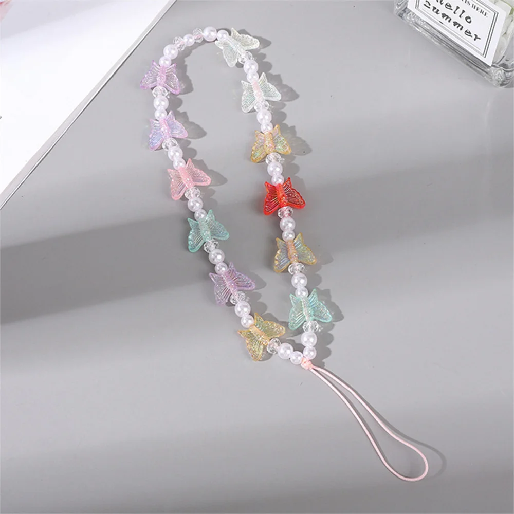 Cell Phone Lanyard Strap Kawaii Acrylic Mobile Phone Straps Handmade Colorful Beaded Butterfly Charms For Women Girl