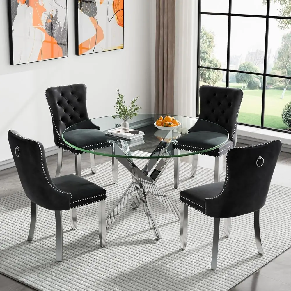

4-Piece Glass Dining Set with Velvet Chairs for Breakfast Nook
