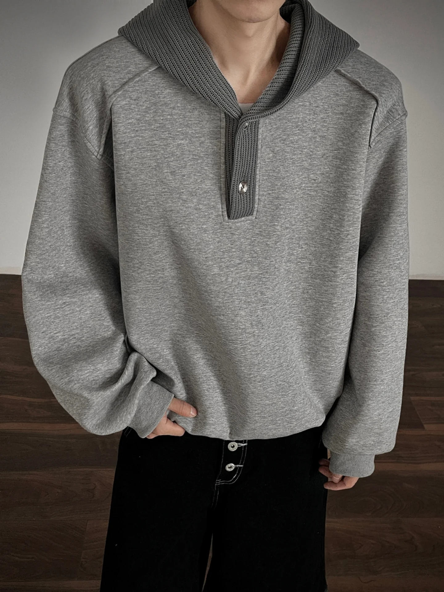 

Мужская толстовка свободного кроя с вязаным воротником-свитером и лоскутным дизайном, повседневная зимняя верхняя одежда, модная молодежная модель