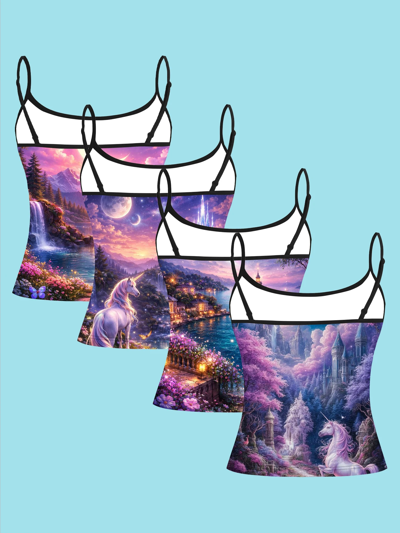 4-Piece Set of Star and Moon Unicorn Wonderland Suspenders Set with Purple Mist Flower Sea and Castle Pattern for Women's Base Layer Tank Top