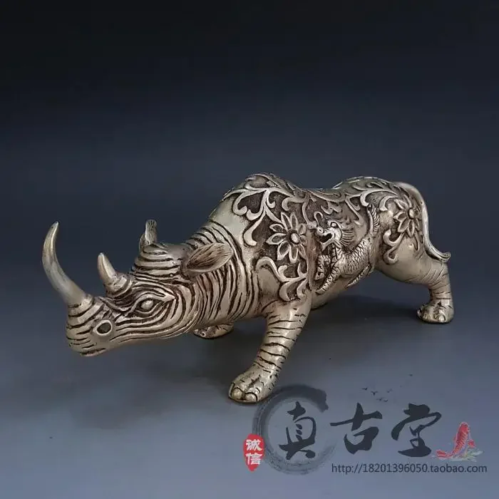 

Collectible Old Handwork Tibet Silver Carved Kirin&Big Rhinoceros Statue Copper Silver Bronze Brass Statue