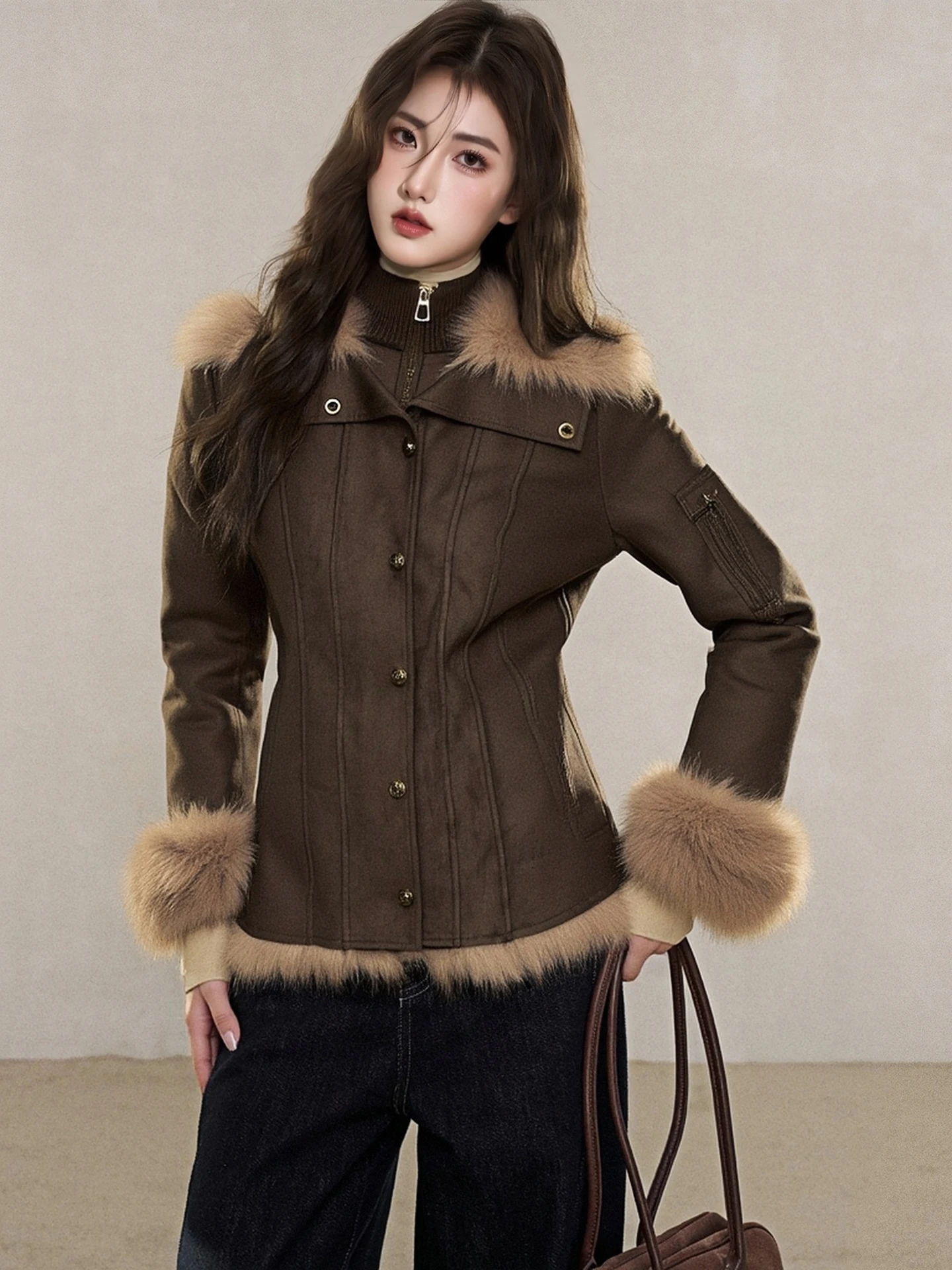

2025 New Korean Sle Thiened Plu Fur Coat Warmth Inteated Skin And Fur Jaet Super Beautiful Commuter Sle Long Sve
