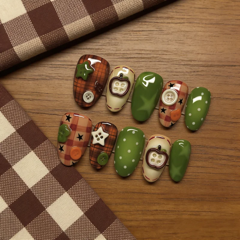 

24Pcs Fake Nails Green Apple Paradise Almond Checkered Stars Polka Dots and Buttons Snap-On Nails Perfect As Gifts for Girls