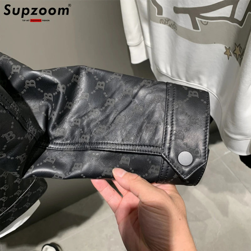 Supzoom 2022 New Arrival Top Fashion Autumn And Winter Pu Synthetic Leather Letter B Full Print Black Leisure Jacket Men Coat