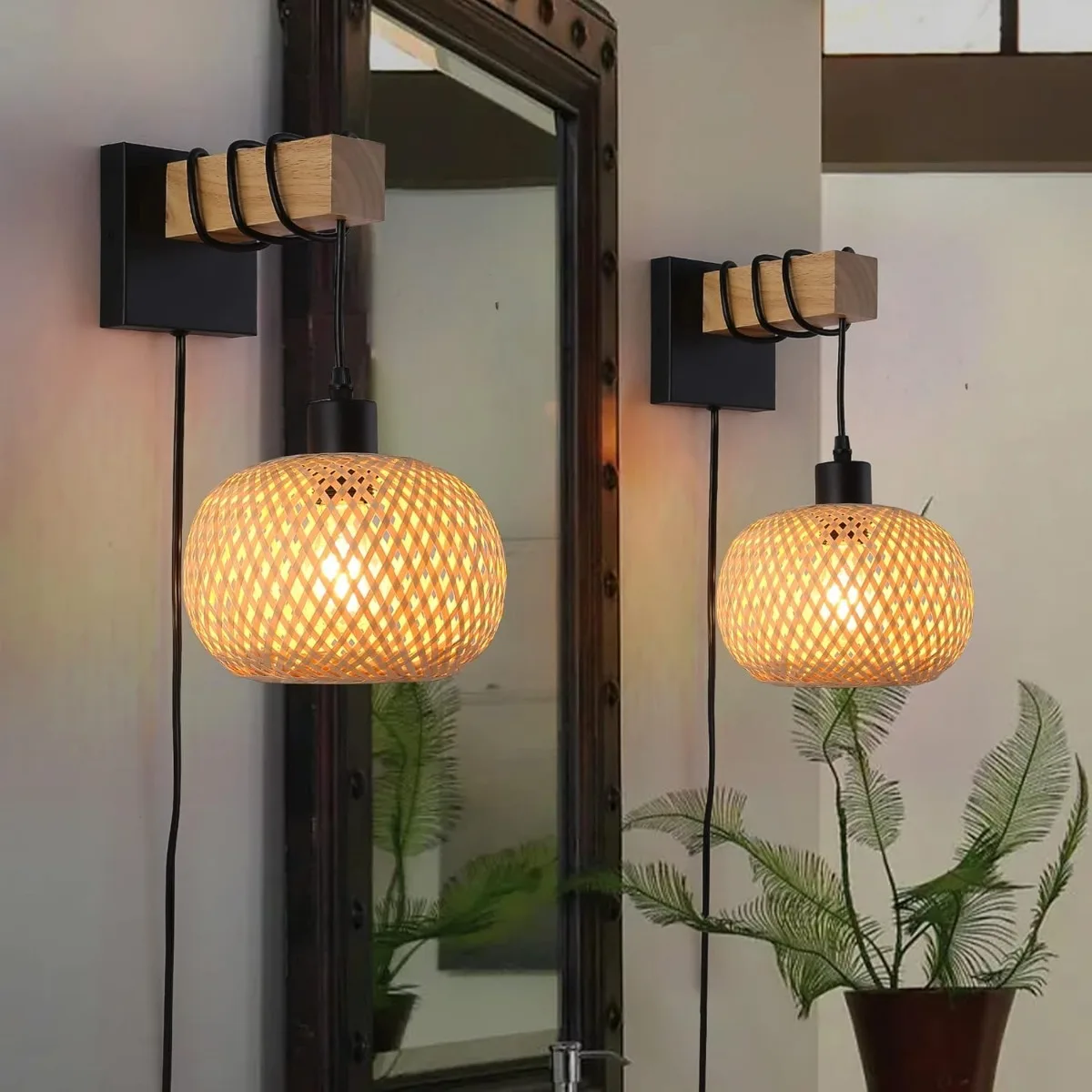 JOYINLED Modern Bamboo Pendant Light 20cm Plug-in Rattan Wall Lamp Kitchen Island Living Room Restaurant Cafe Ceiling Chandelier