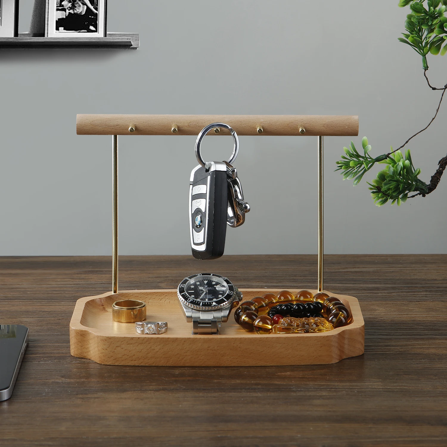 Beechwood Jewelry Holder Bracelet Earrings Necklace Watch Jewelry Organizer Holder Stand with Wooden Base Modern Storage Rack
