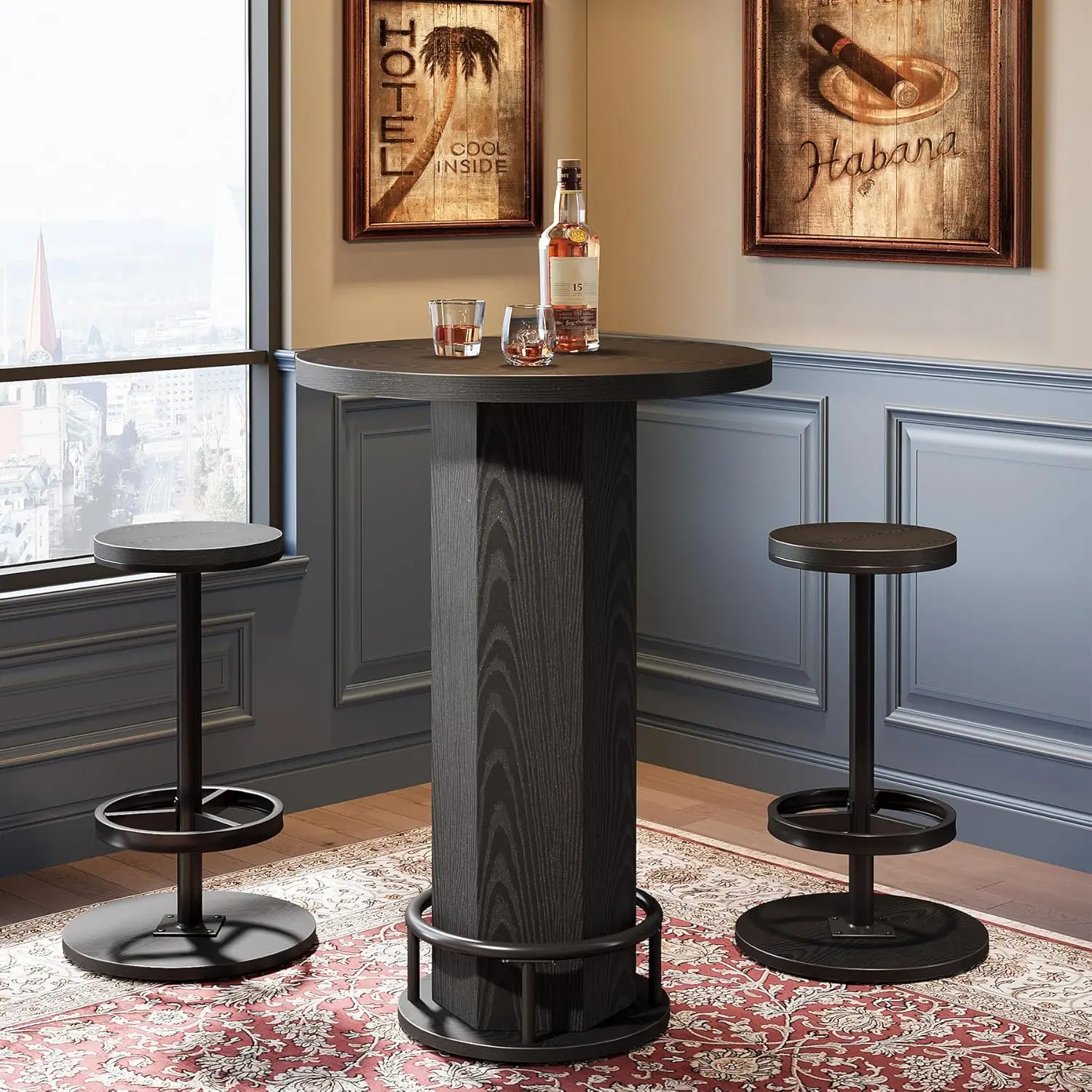 

Round Bar Table with Chairs, Industrial Black Bistro Sets with 2 barstools, Small Pub Table with Metal Ring Footrest for Kitchen
