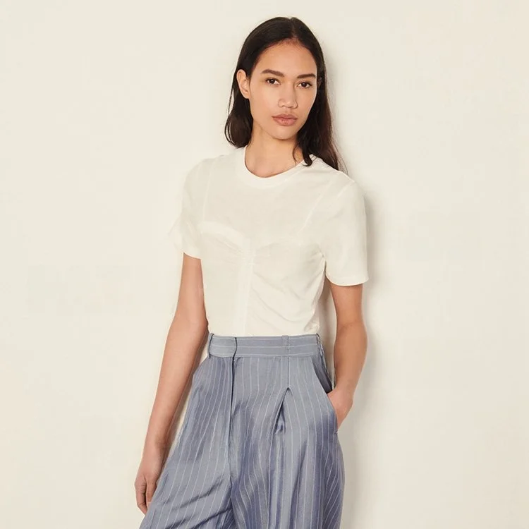 シンプルな無地プリーツカジュアル通気性コットンTシャツ レディースファッション 春夏新作 ラウンドネック シンプル