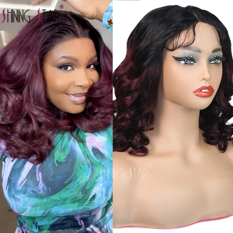 

Ombre 99J Burgundy Wear Go Glueless Wigs Curly Body Wave 4*4 Lace Front Wigs For Women Glueless Preplucked Human Wig Ready To Go