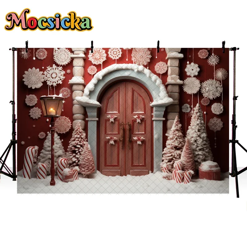 Mocsicka Red Christmas Room Background For Child Adult Family Portrait Photography Xmas Tree Snow Snowflake Wooden Door Decor