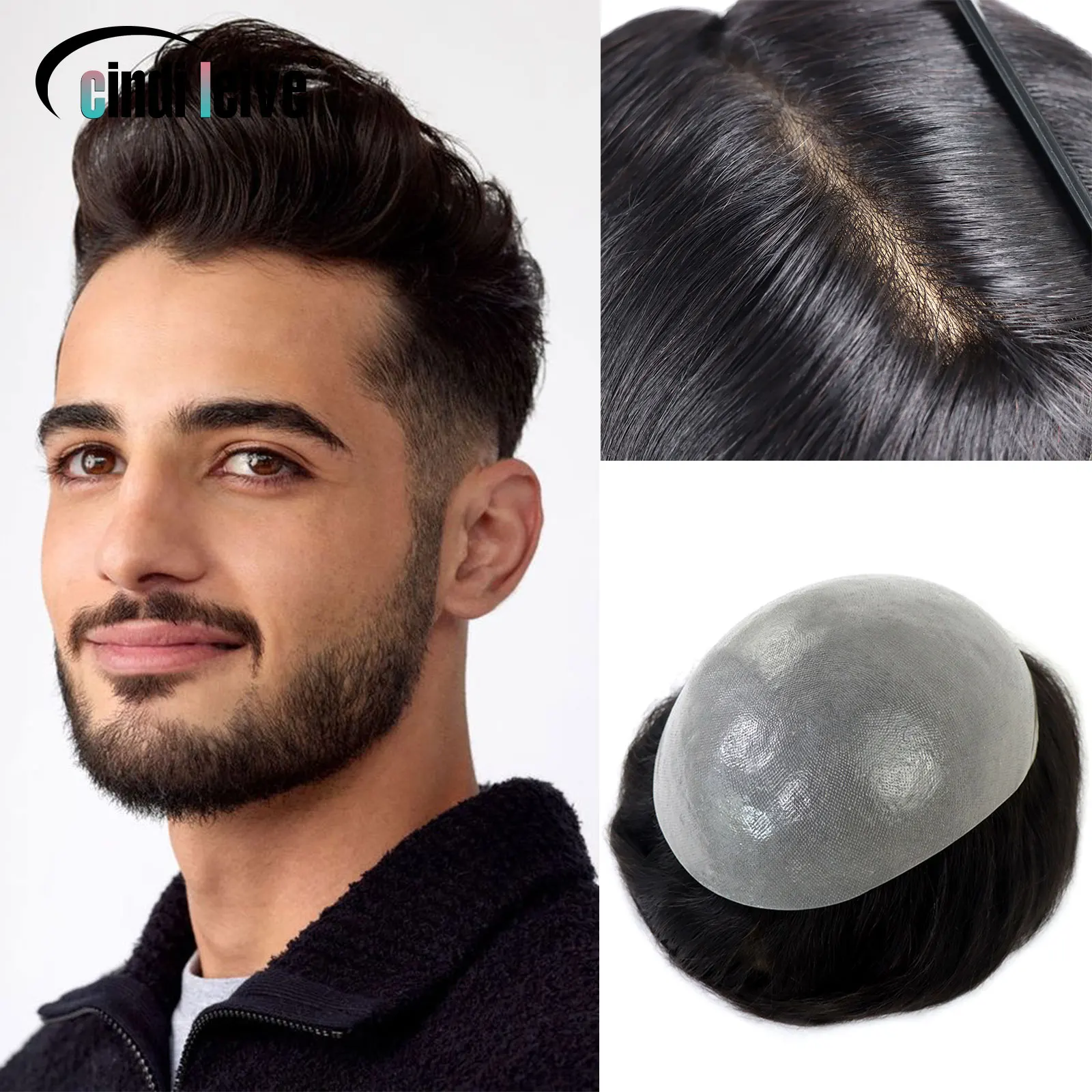 8x10 Inch 0.06mm Skin Full PU Toupee For Men Human Hair #1B 6Inch Men's Wig V Loop Toupee Men's Replacement Systems Unit Wig