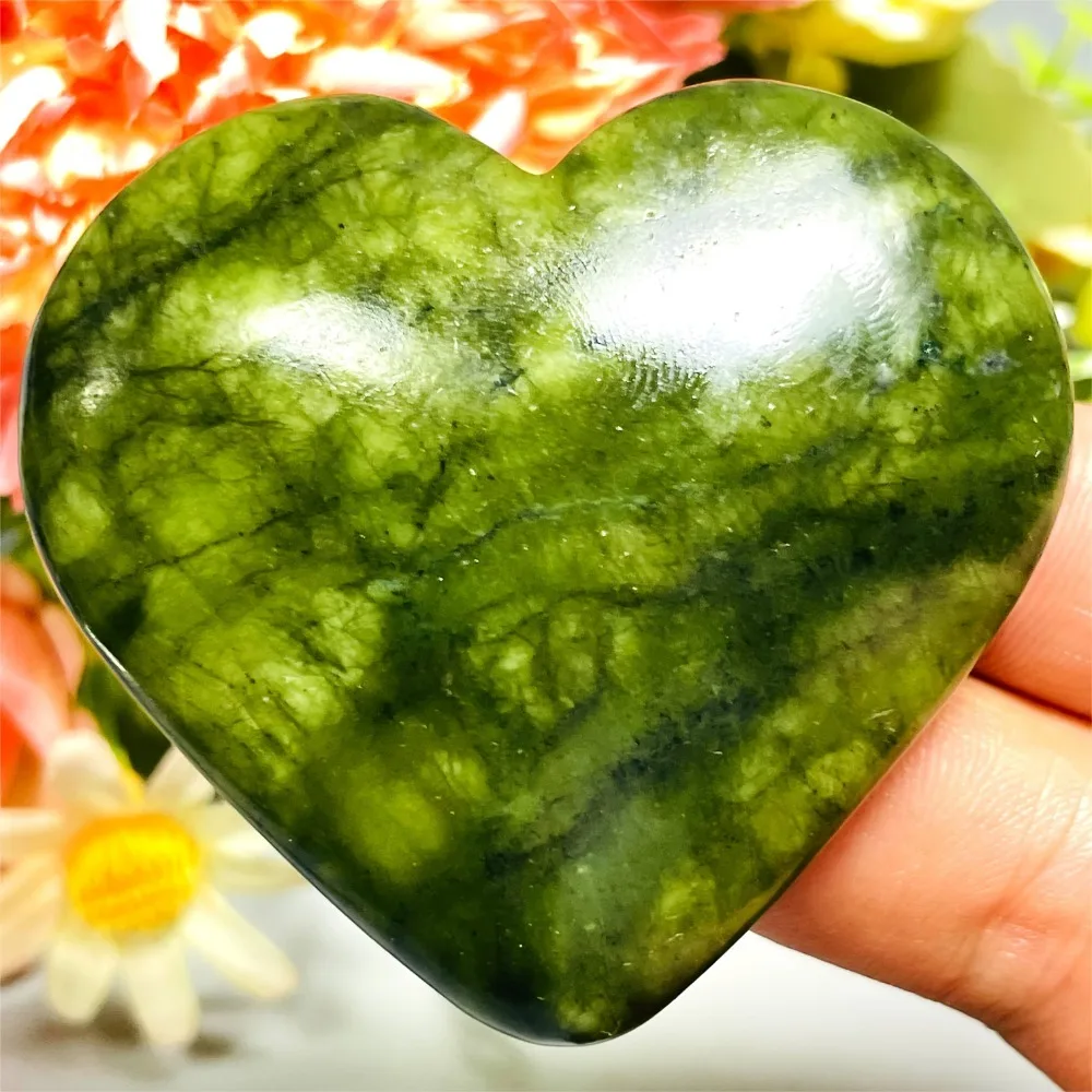 1pc Natural Serpentine Stone Crystal Heart Stones Green Jasper Heart-Shaped Green Marble-like Patterns Gift Christmas