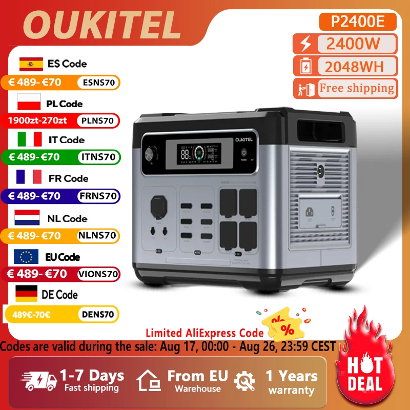 OUKITEL P2400E Portable Power Station 2048Wh LiFePO4 Battery, 2400W Solar Generator (4800W Peak), 4×220V AC Outlets, Quick Charge in 1 Hour (0-80%), WiFi/Bluetooth APP Control for Camping RV Emergency