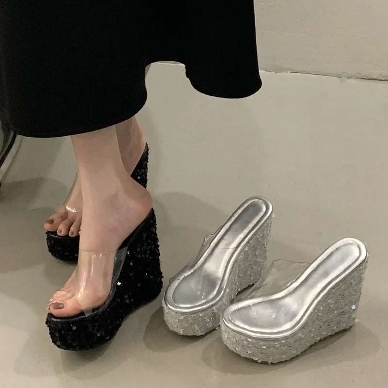 

Aneikeh Fashion Bling Sequin Cloth Platform Wedges Women Slippers Design PVC Transparent Style Open Toe High Heels Shoes
