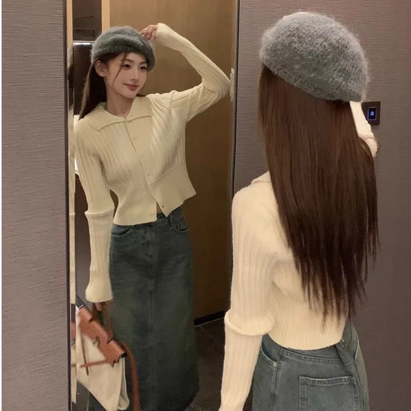 Mujer Otoño Invierno moda botón Color sólido Polo cuello tejer camisa de fondo ropa de mujer todo-fósforo jerseys delgados Top