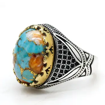 Stříbrný prsten 925 s přírodním tyrkysovým kamenem, vintage párový prsten, thajské stříbrné šperky, sada pro ženu, prsten 10 nejlepší prodej Stříbrné šperky 925 z Thajska - №4