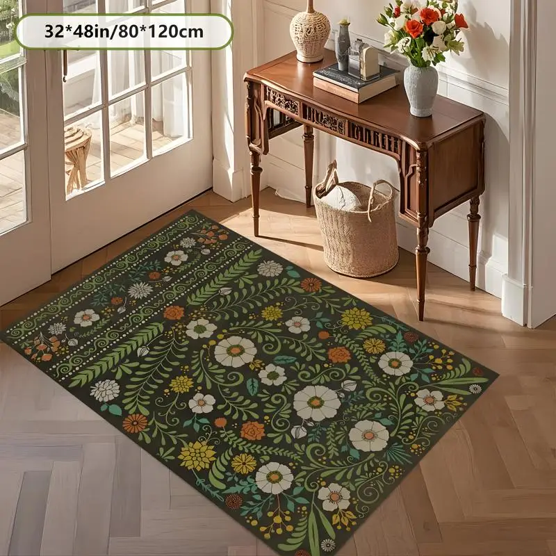Mid-Century Dark Symmetrical Floral Scroll Rug Soft Velvet Living Room Bedroom Coffee Table