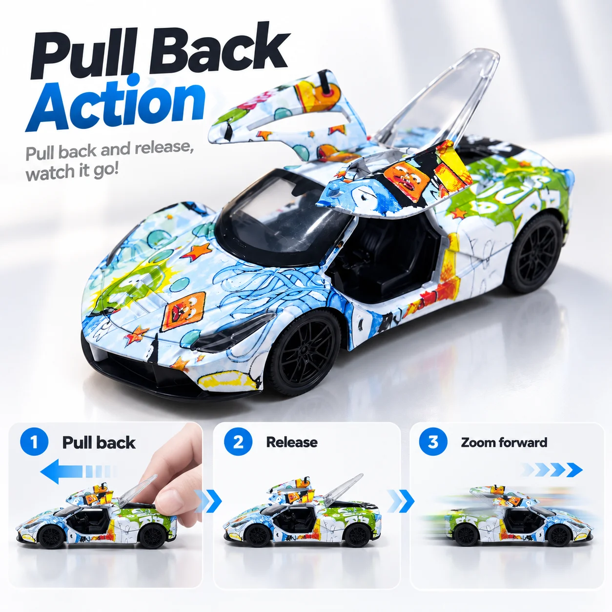 (Corrugated Box) 1/36 Scale, Graffiti Sports Car Style Toy Car, Powerful Spring, Metal Casting, Boy's Toy, the Best Gift.