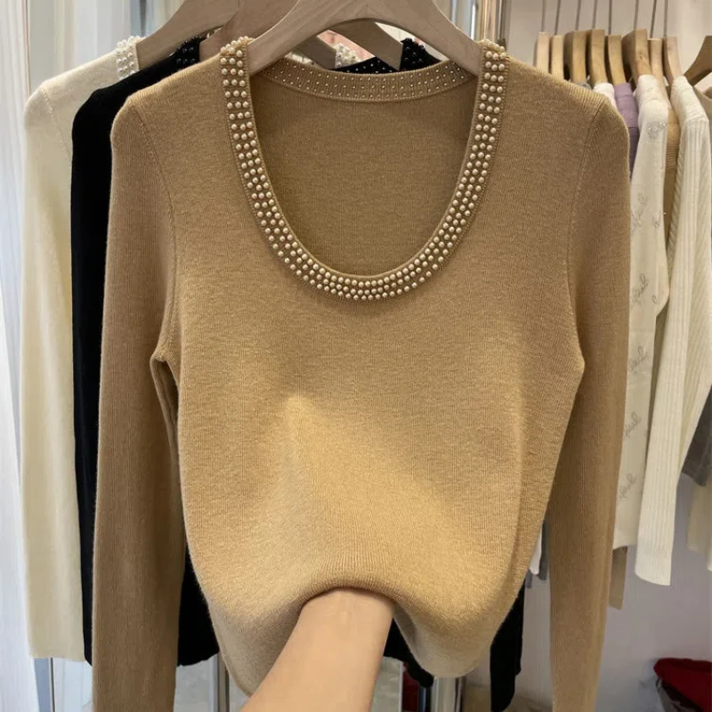 Pull à manches longues à col en U pour femme, pull amincissant, haut décontracté, design d'automne et d'hiver, perle à ongles